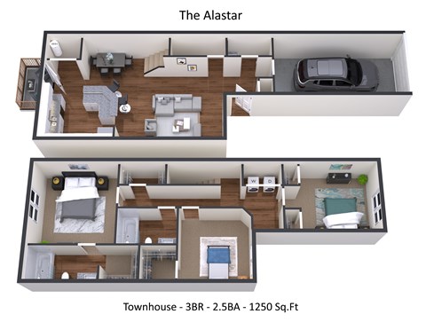 A floor plan of a 3 bedroom, 2.5 bath townhouse with a total area of 1250 square feet.